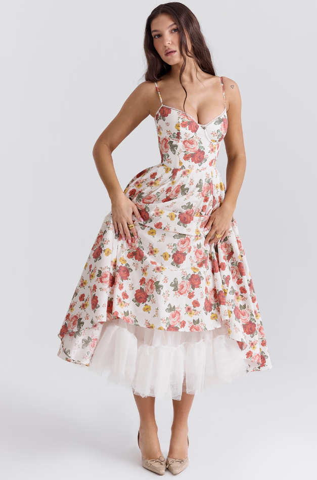 Luce - Satin Tüll Midi Kleid