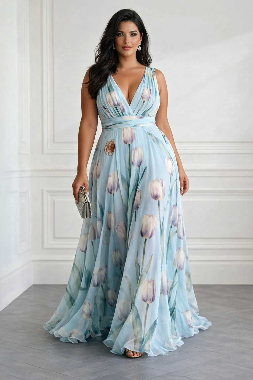 Nerea - Elegantes Maxikleid mit Tulpenmuster und V-Ausschnitt
