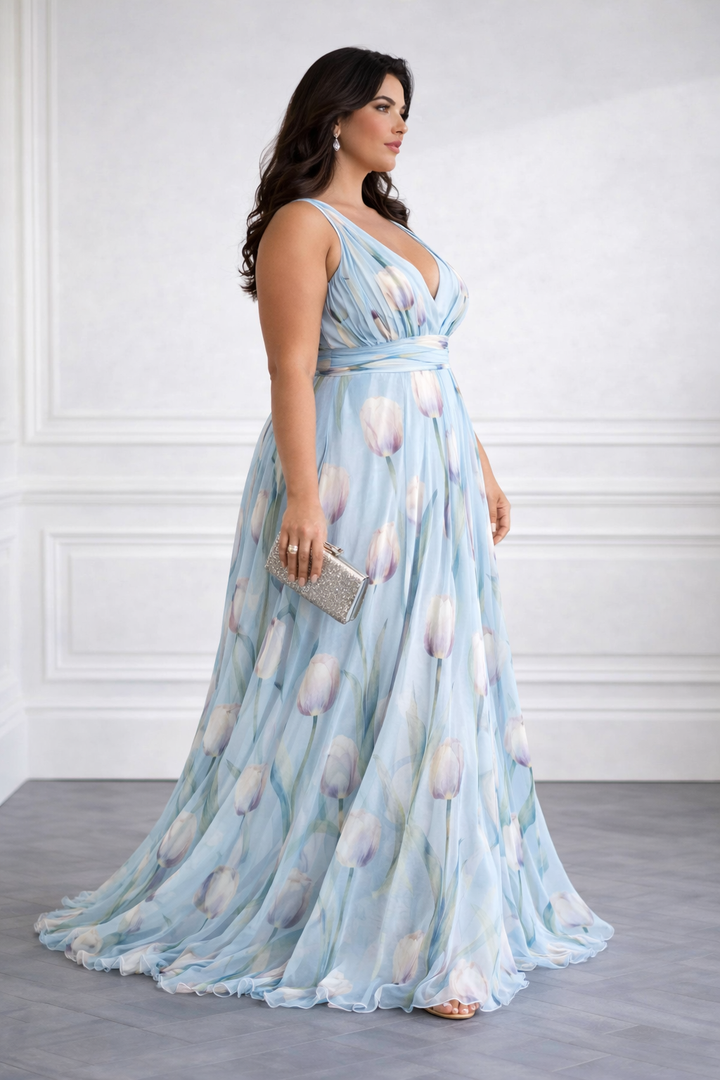Nerea - Elegantes Maxikleid mit Tulpenmuster und V-Ausschnitt