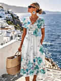 Seraphina | Blaues Blumen-Midi-Kleid mit Flatterärmeln