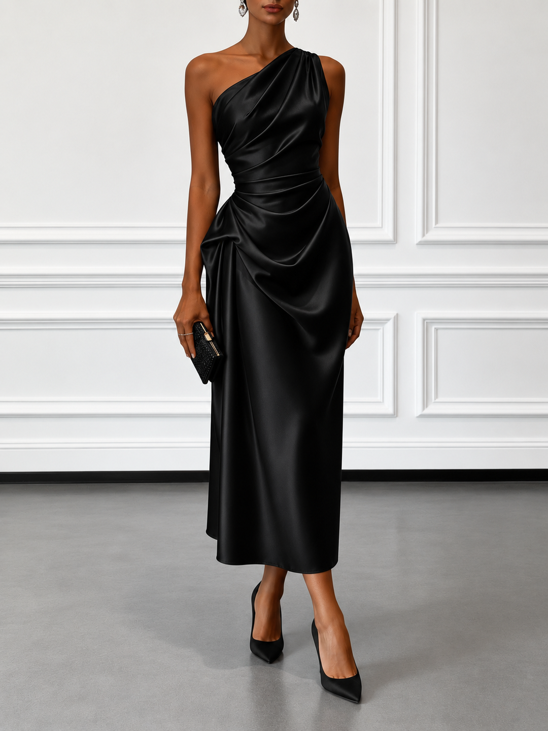 Caille - Champagner Satin Ein-Schulter Ärmelloses Rüschendes Midi-Kleid
