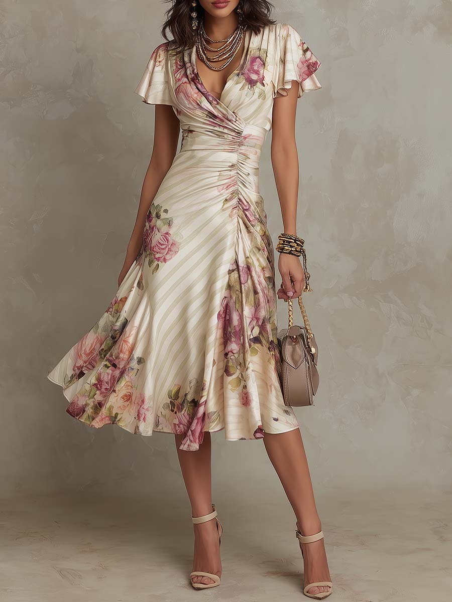 Alba | Elegantes retro florales Satin-Midikleid