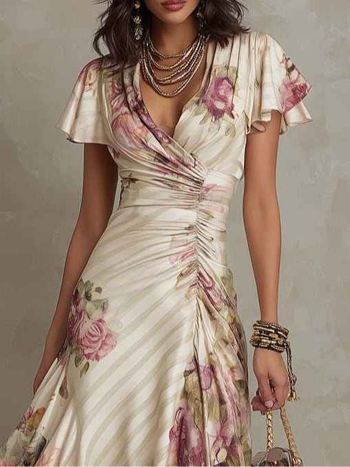 Alba | Elegantes retro florales Satin-Midikleid