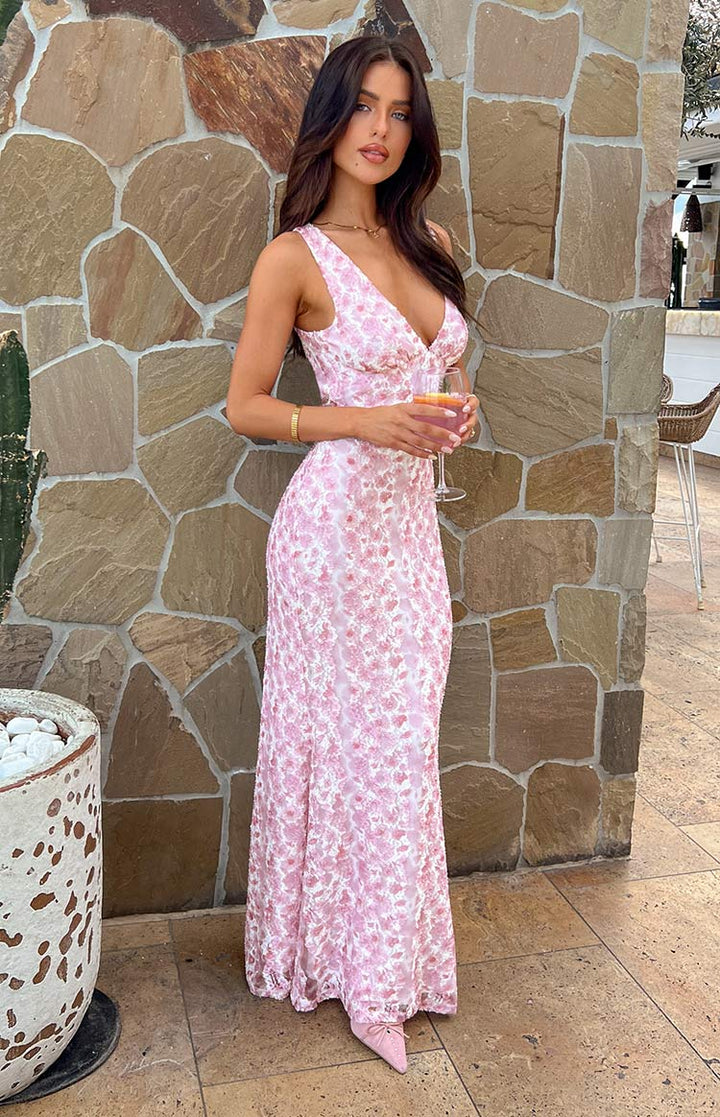 Farida - Pinkes Spitzen-Maxikleid