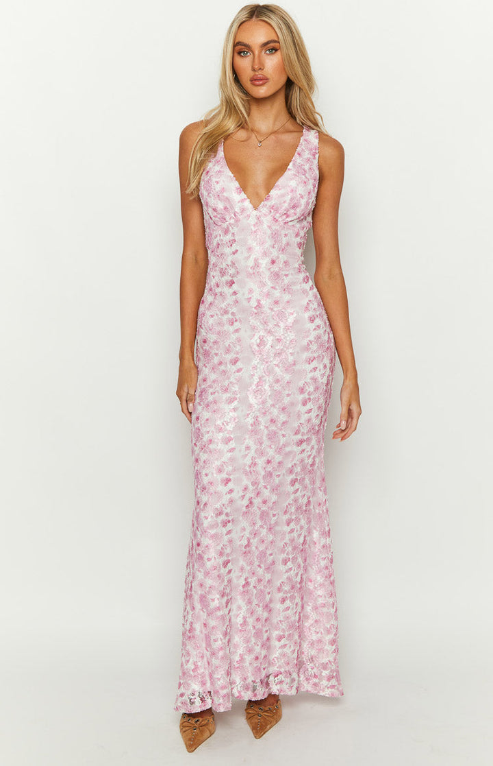 Farida - Pinkes Spitzen-Maxikleid