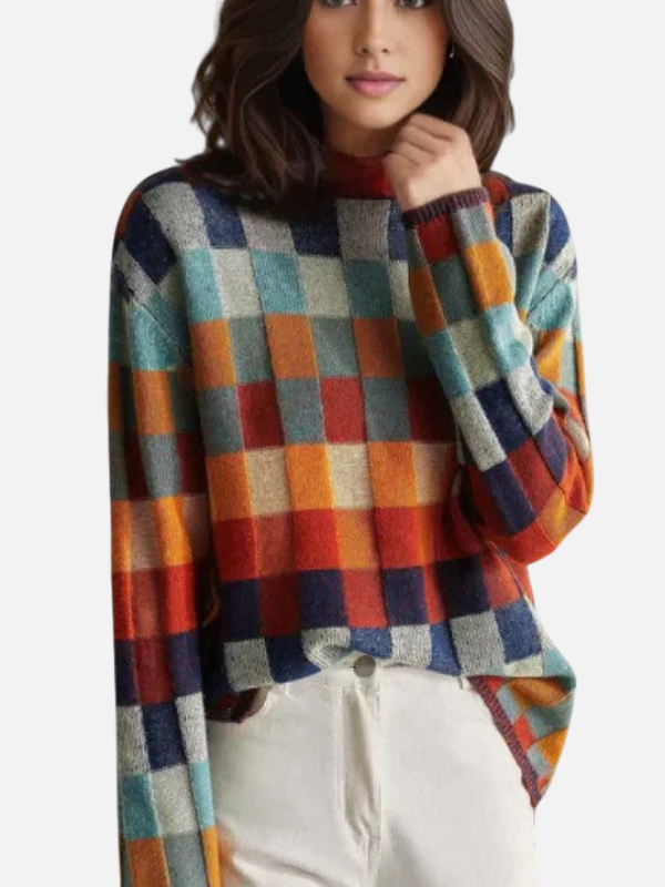 Maria | Bunter Karierter Strickpullover mit Hohem Kragen