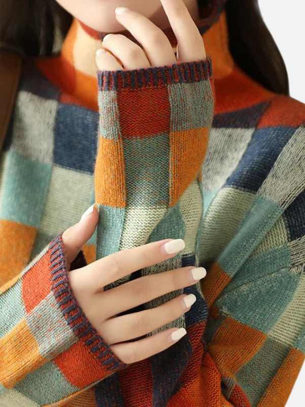 Maria | Bunter Karierter Strickpullover mit Hohem Kragen