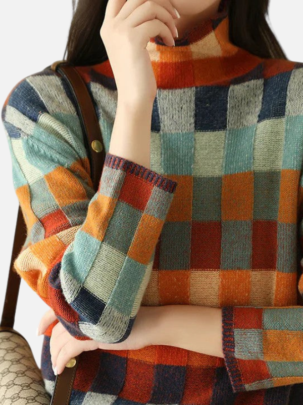 Maria | Bunter Karierter Strickpullover mit Hohem Kragen