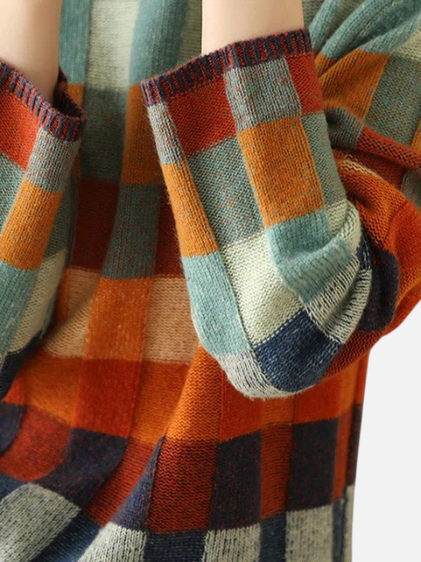 Maria | Bunter Karierter Strickpullover mit Hohem Kragen
