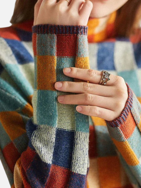 Maria | Bunter Karierter Strickpullover mit Hohem Kragen