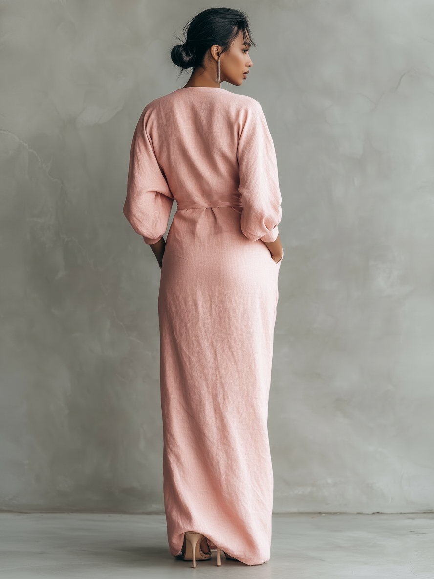 Rosen Leinen V-Ausschnitt Maxikleid