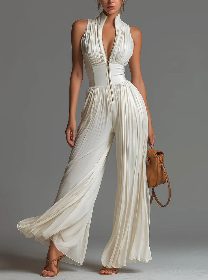 Abigail - V-Ausschnitt Ärmelloser Reissverschluss Plissierter Weitbein Chiffon Jumpsuit