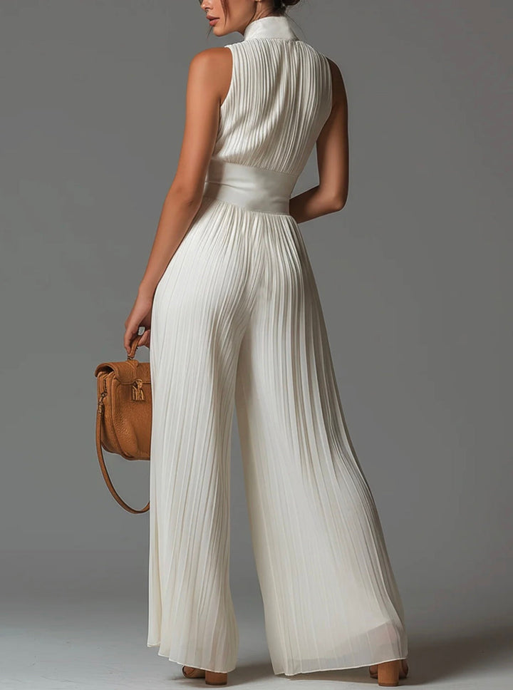 Abigail - V-Ausschnitt Ärmelloser Reissverschluss Plissierter Weitbein Chiffon Jumpsuit