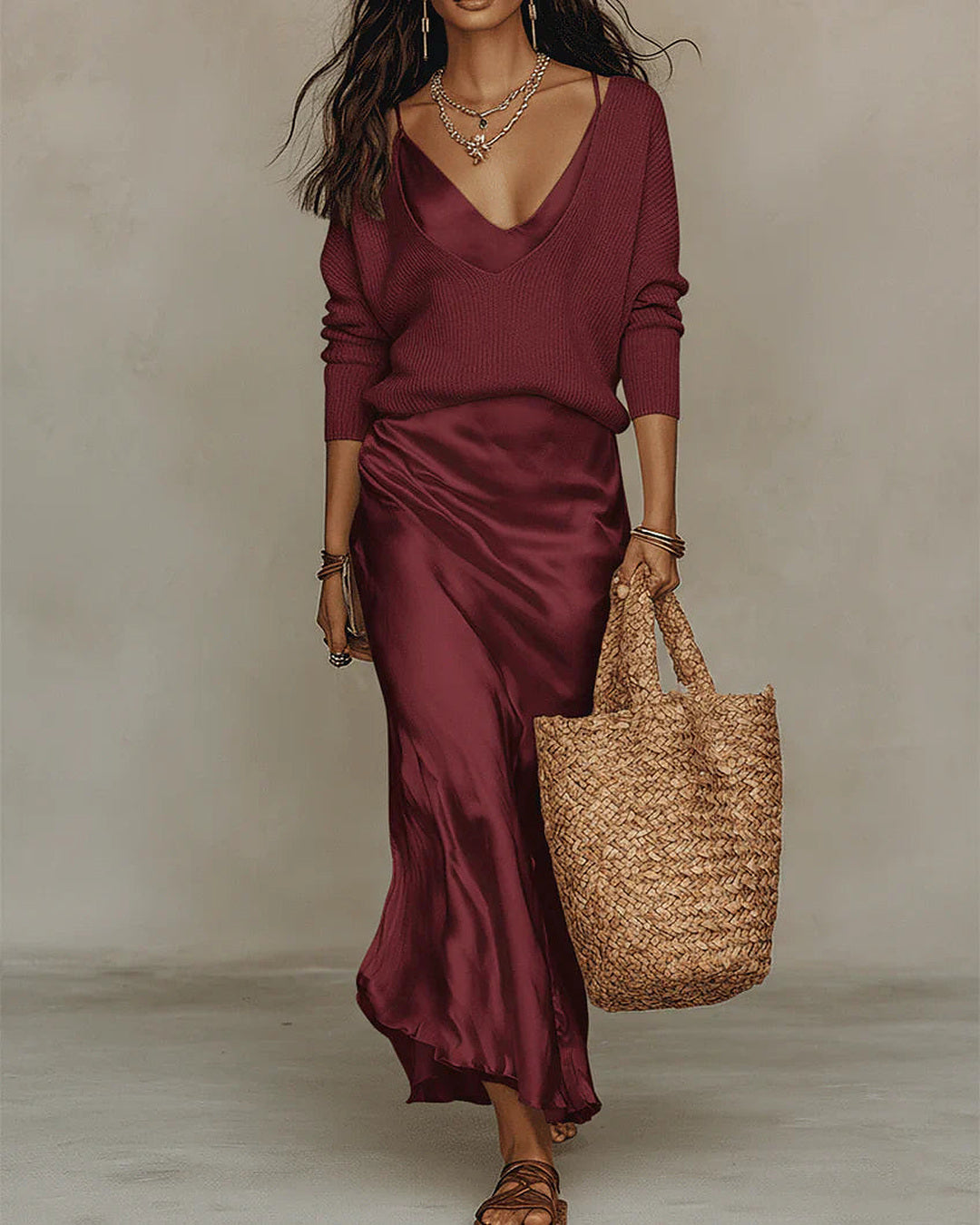 Aria | Satin Midi Set mit passendem Strick