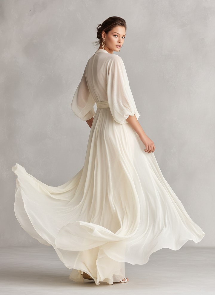 Sefa - Elfenbein Transparente Chiffonkleid