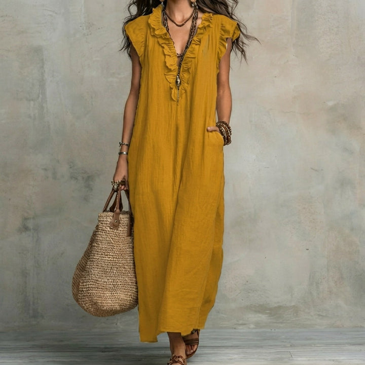Josefina | Langes Leinen-Texturkleid mit V-Ausschnitt und Rüschen