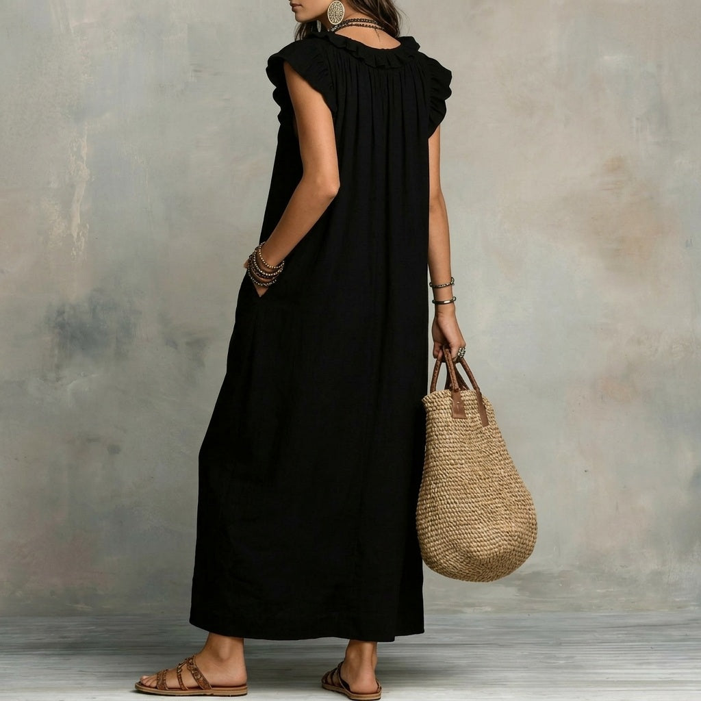 Josefina | Langes Leinen-Texturkleid mit V-Ausschnitt und Rüschen