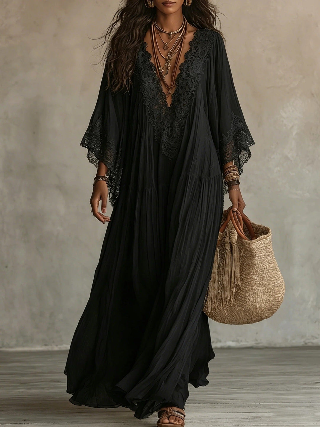 Emeline | Maxikleid Boho mit Weiten Ärmeln und Stickereien