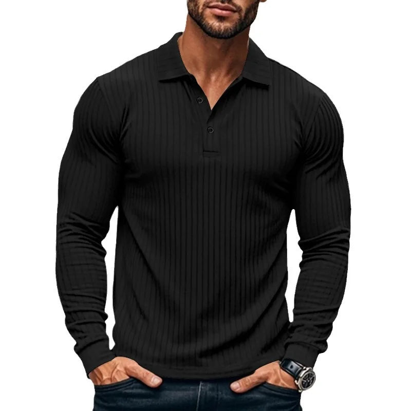Geripptes Herren Langarm-Poloshirt mit Knopfleiste | Valcor Zürich