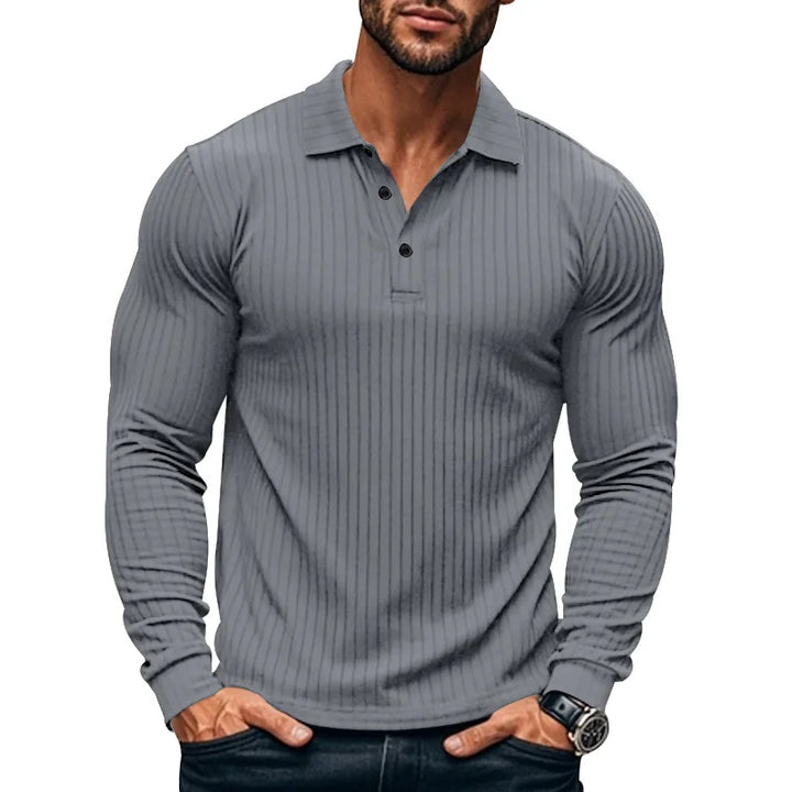 Geripptes Herren Langarm-Poloshirt mit Knopfleiste | Valcor Zürich