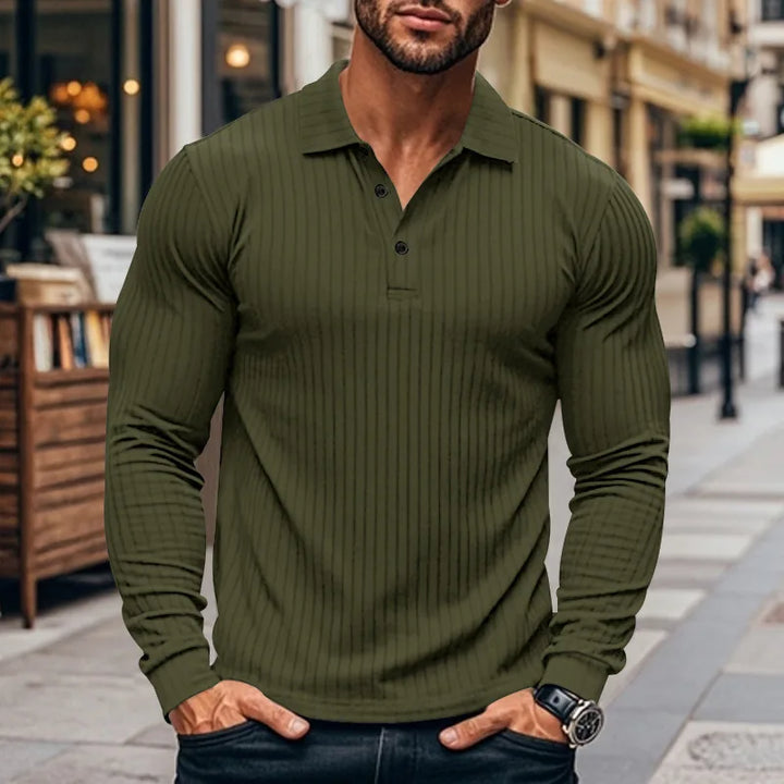 Geripptes Herren Langarm-Poloshirt mit Knopfleiste | Valcor Zürich