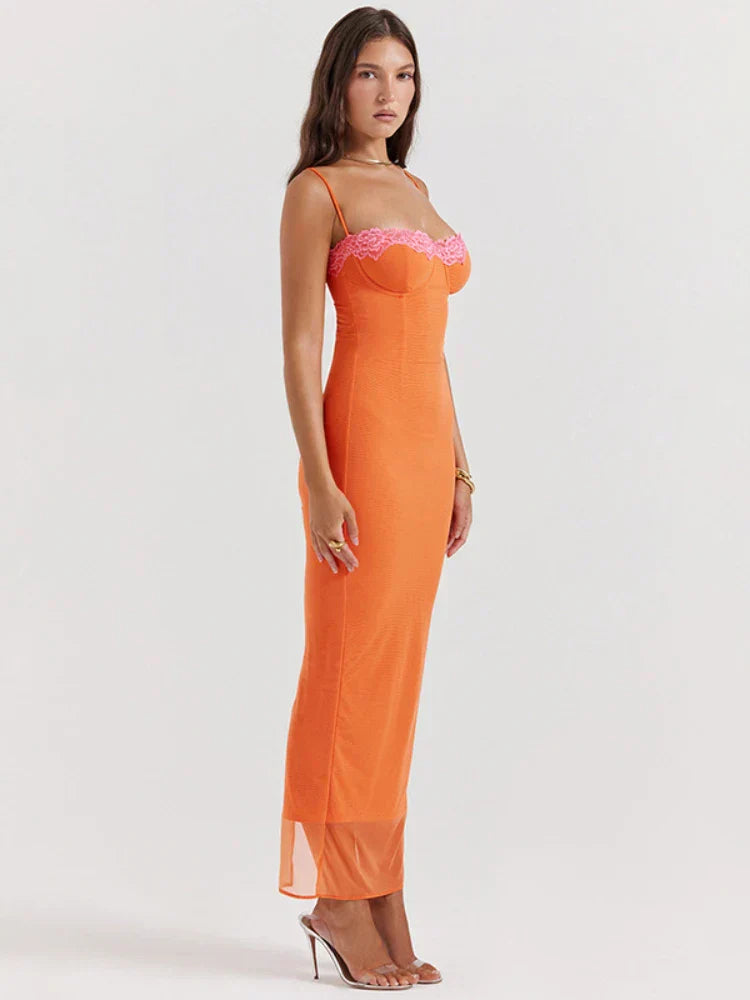 Cherley - Oranges Spitzen-Maxikleid