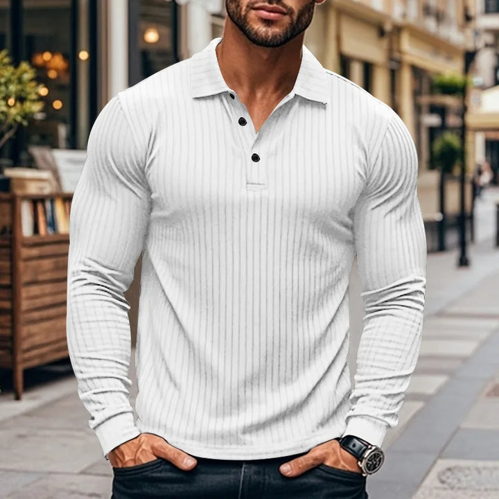 Geripptes Herren Langarm-Poloshirt mit Knopfleiste | Valcor Zürich