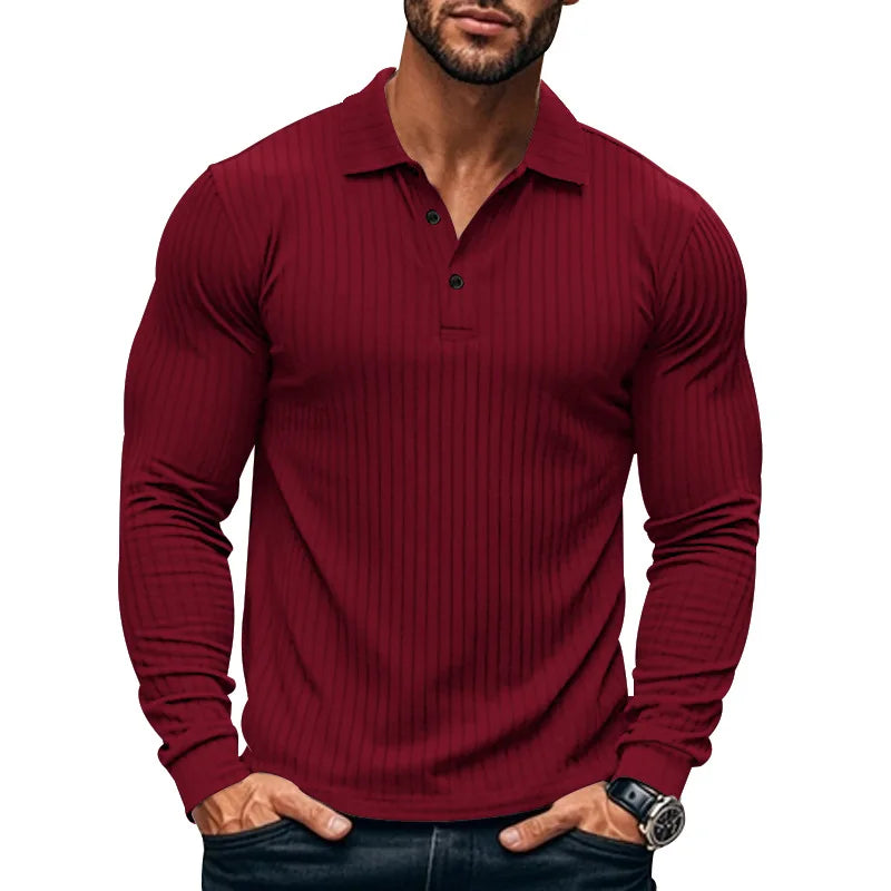 Geripptes Herren Langarm-Poloshirt mit Knopfleiste | Valcor Zürich