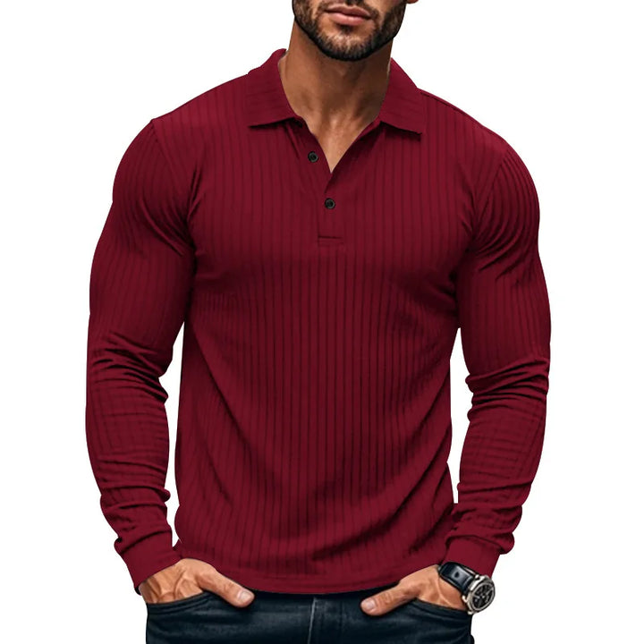 Geripptes Herren Langarm-Poloshirt mit Knopfleiste | Valcor Zürich