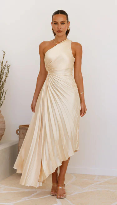 Sylviana - Ein Schulter Falten Midi Kleid