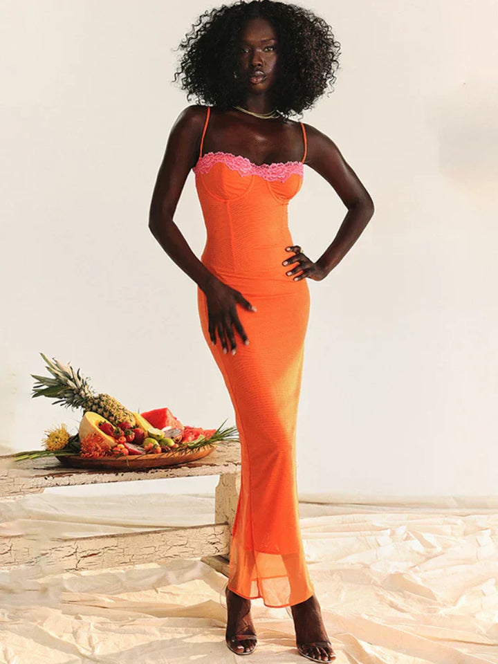 Cherley - Oranges Spitzen-Maxikleid