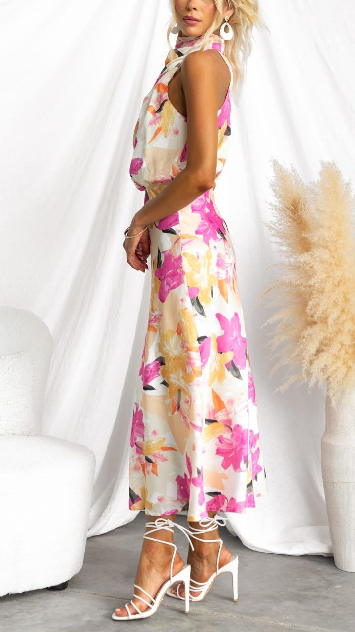 Minirva - Florales Charme Hochkragen Midi Kleid