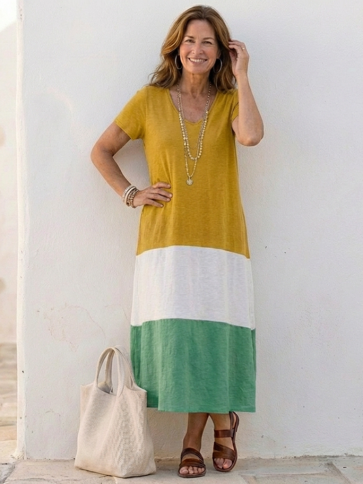 Thalia | Kurzärmeliges Color Block V-Ausschnitt Midi-Kleid
