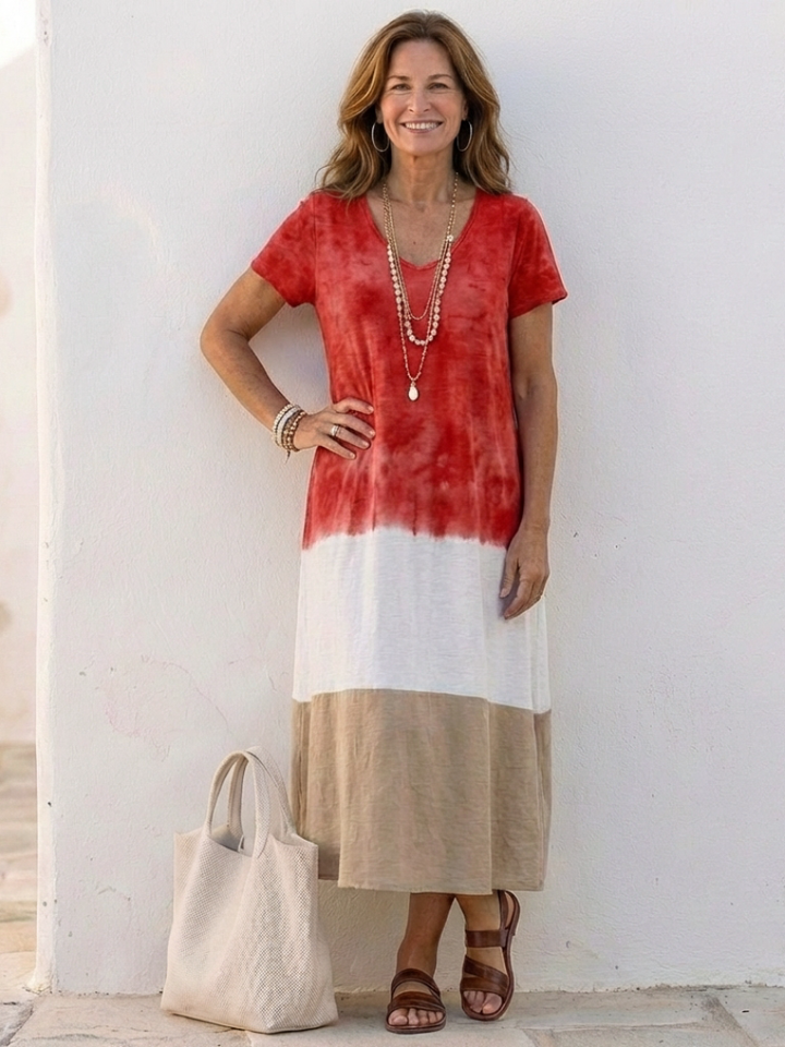 Thalia | Kurzärmeliges Midi-Kleid mit Farbblock und V-Ausschnitt