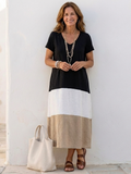 Thalia | Kurzärmeliges Midi-Kleid mit Farbblock und V-Ausschnitt
