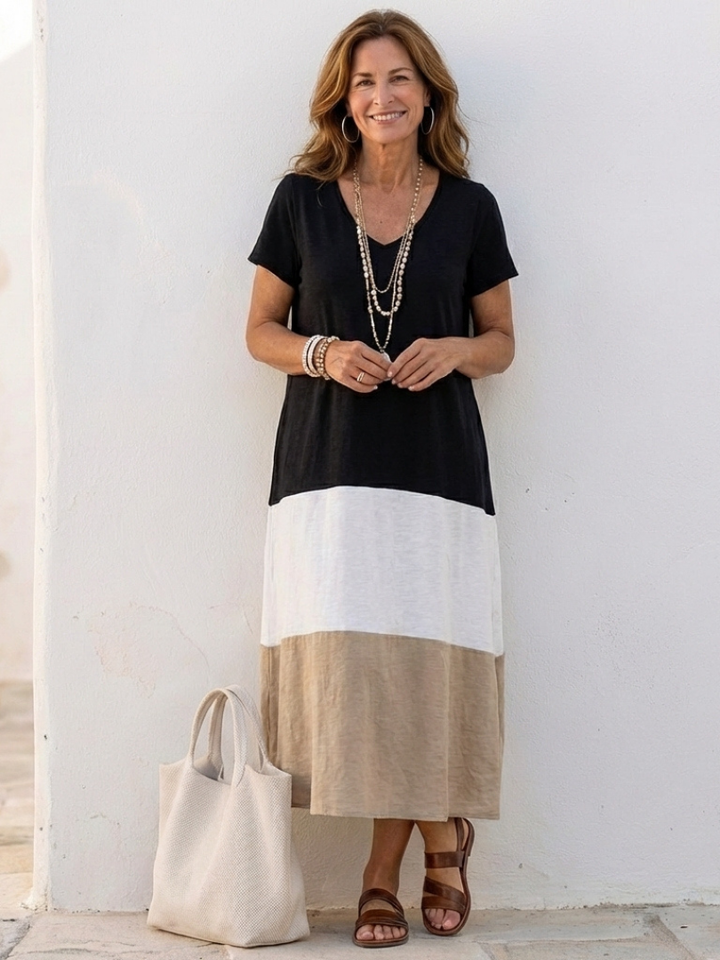 Thalia | Kurzärmeliges Midi-Kleid mit Farbblock und V-Ausschnitt