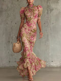 Jill - Robe longue à manches bouffantes motif roses vintage