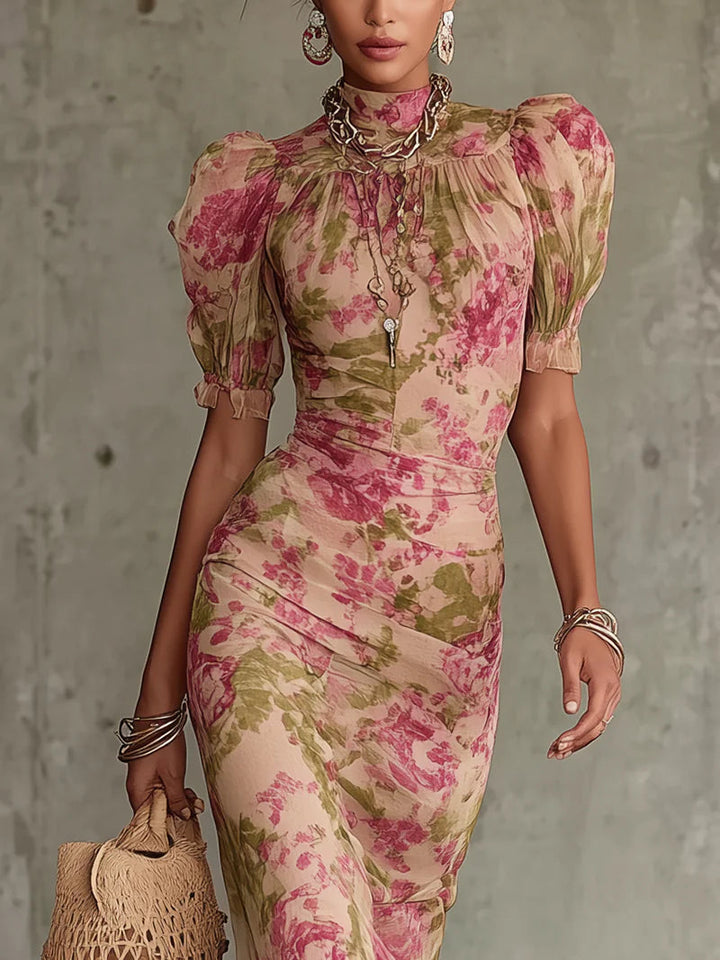 Jill - Vintage-Rosenmuster Puffärmel Maxi-Kleid