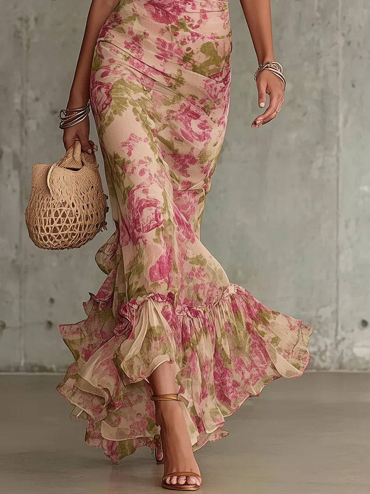 Jill - Vintage-Rosenmuster Puffärmel Maxi-Kleid