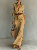 Damen Raffung Maxi Hemdkleid mit Gürtel, Langarm, Knopfleiste