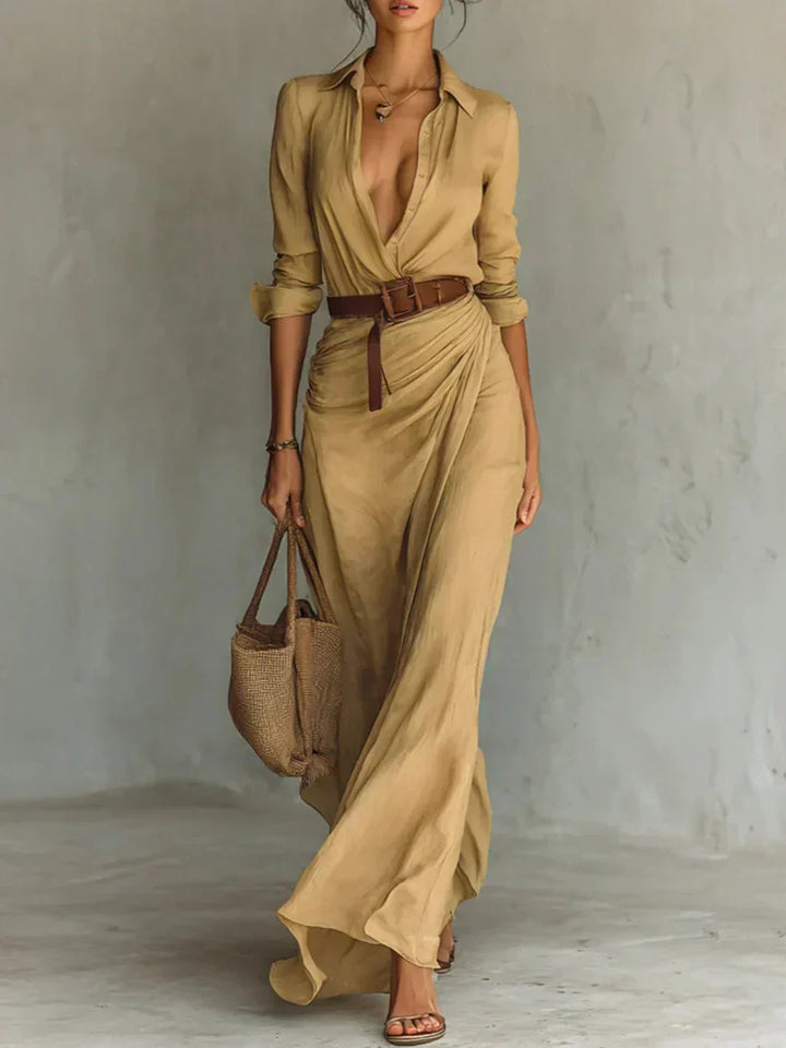 Damen Raffung Maxi Hemdkleid mit Gürtel, Langarm, Knopfleiste