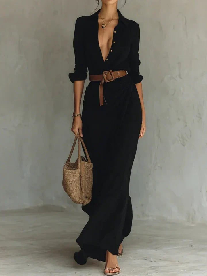 Damen Raffung Maxi Hemdkleid mit Gürtel, Langarm, Knopfleiste