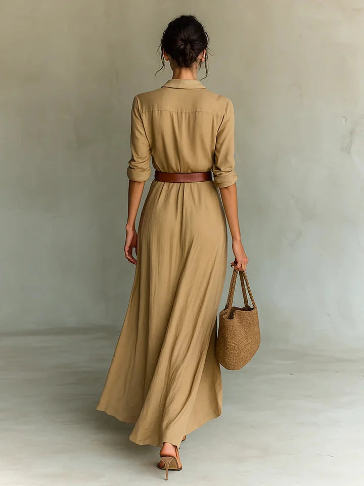 Damen Raffung Maxi Hemdkleid mit Gürtel, Langarm, Knopfleiste