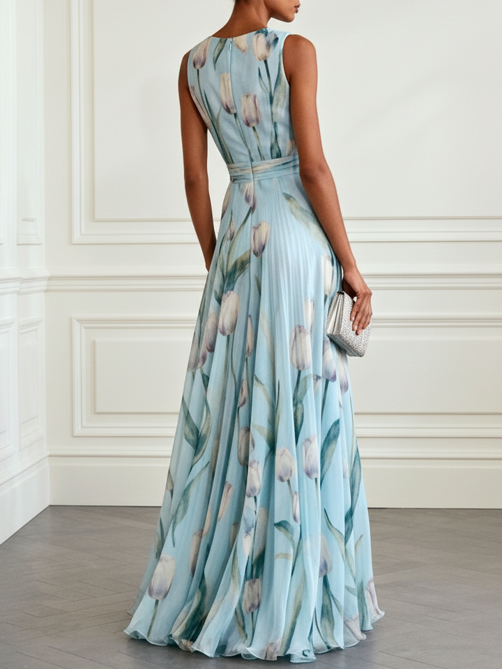Nerea - Elegantes Maxikleid mit Tulpenmuster und V-Ausschnitt