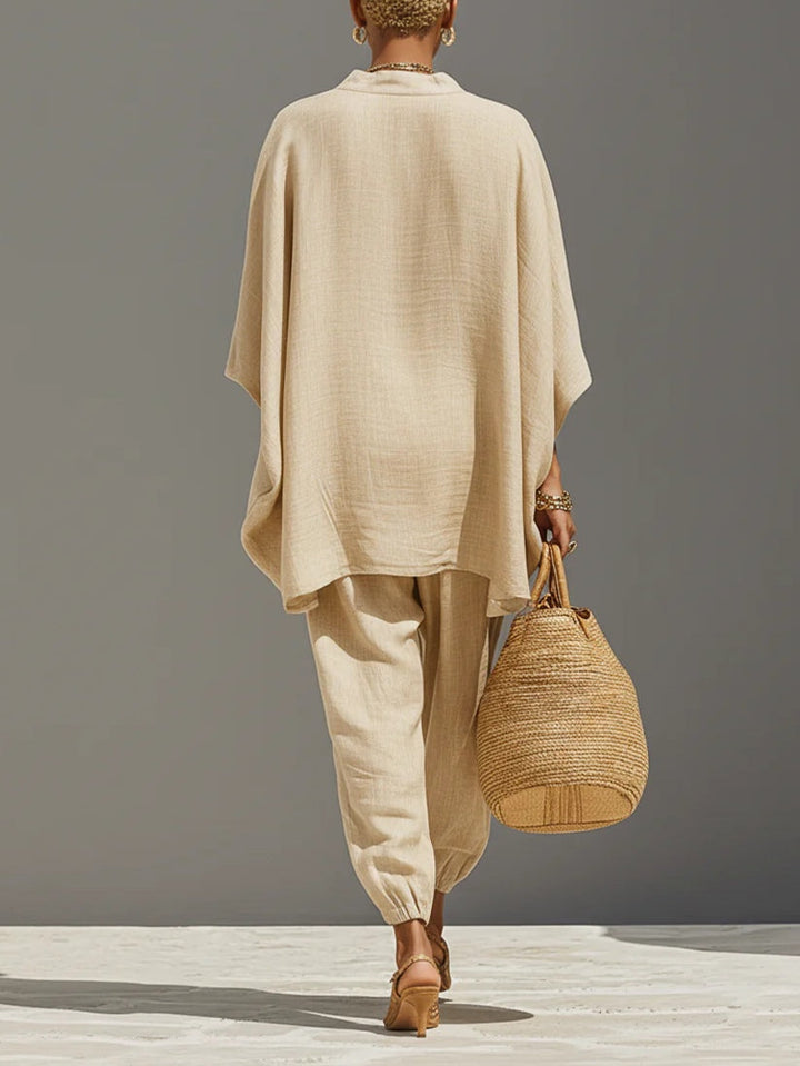 Caroline - Helles Khaki Asymmetrisches Minimalistisches Top und Jogginghose Set