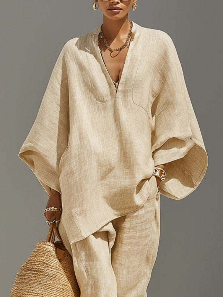 Caroline - Helles Khaki Asymmetrisches Minimalistisches Top und Jogginghose Set
