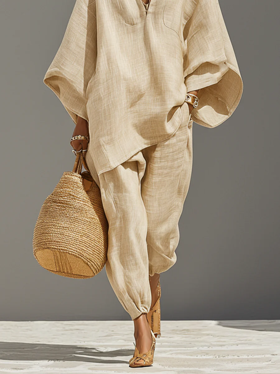 Caroline - Helles Khaki Asymmetrisches Minimalistisches Top und Jogginghose Set