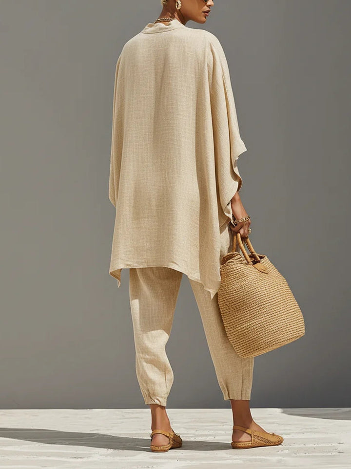 Caroline - Helles Khaki Asymmetrisches Minimalistisches Top und Jogginghose Set