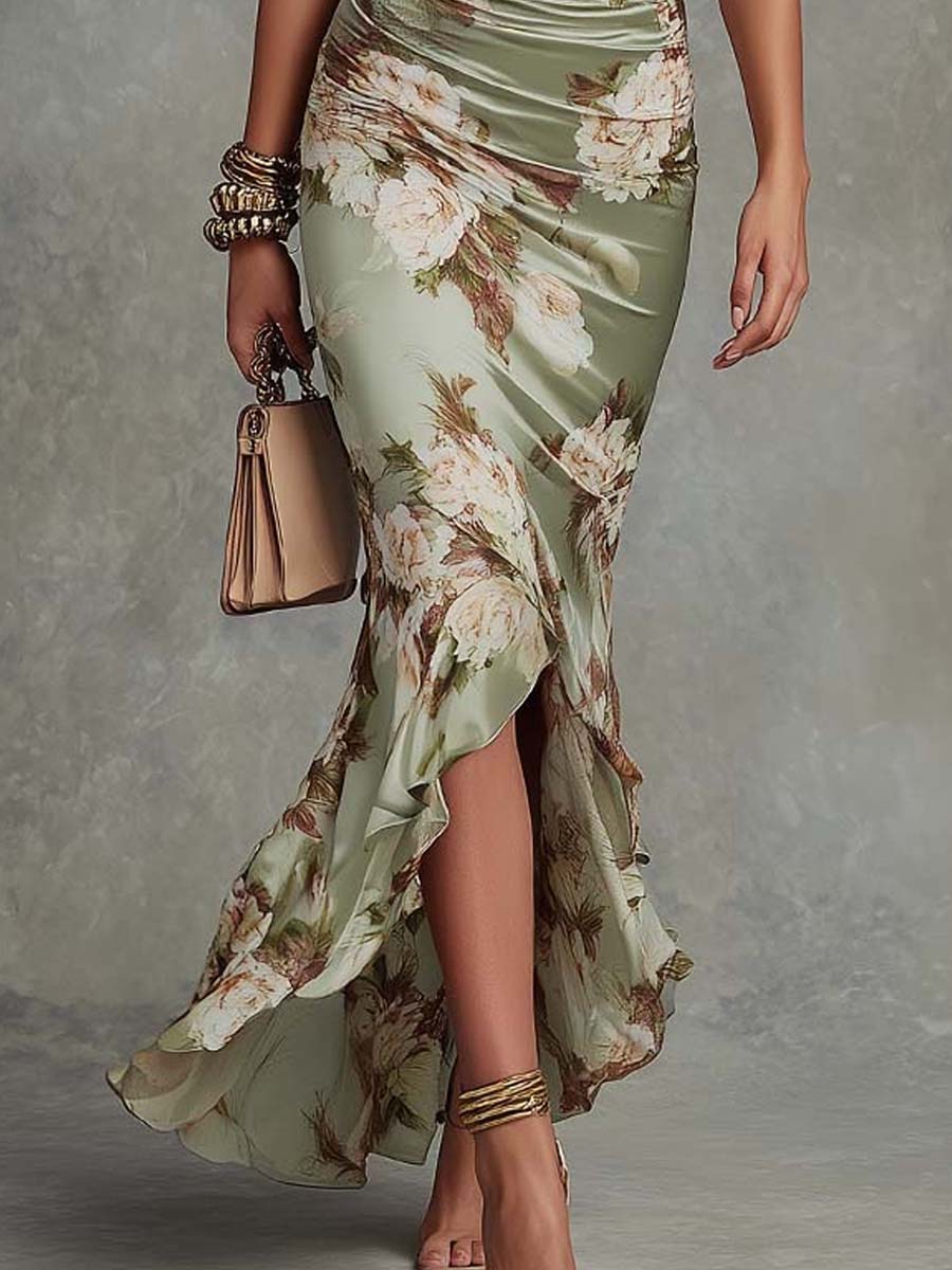 Anastasia | Asymmetrisches langes grünes Satin-Kleid