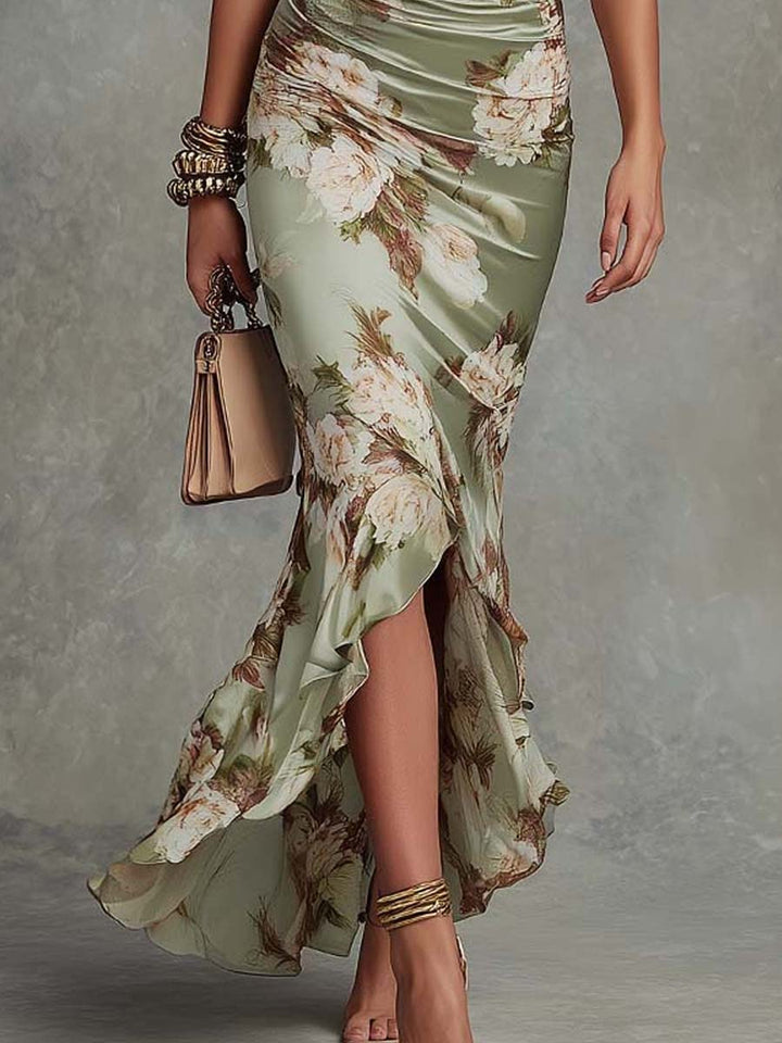 Anastasia | Asymmetrisches langes grünes Satin-Kleid